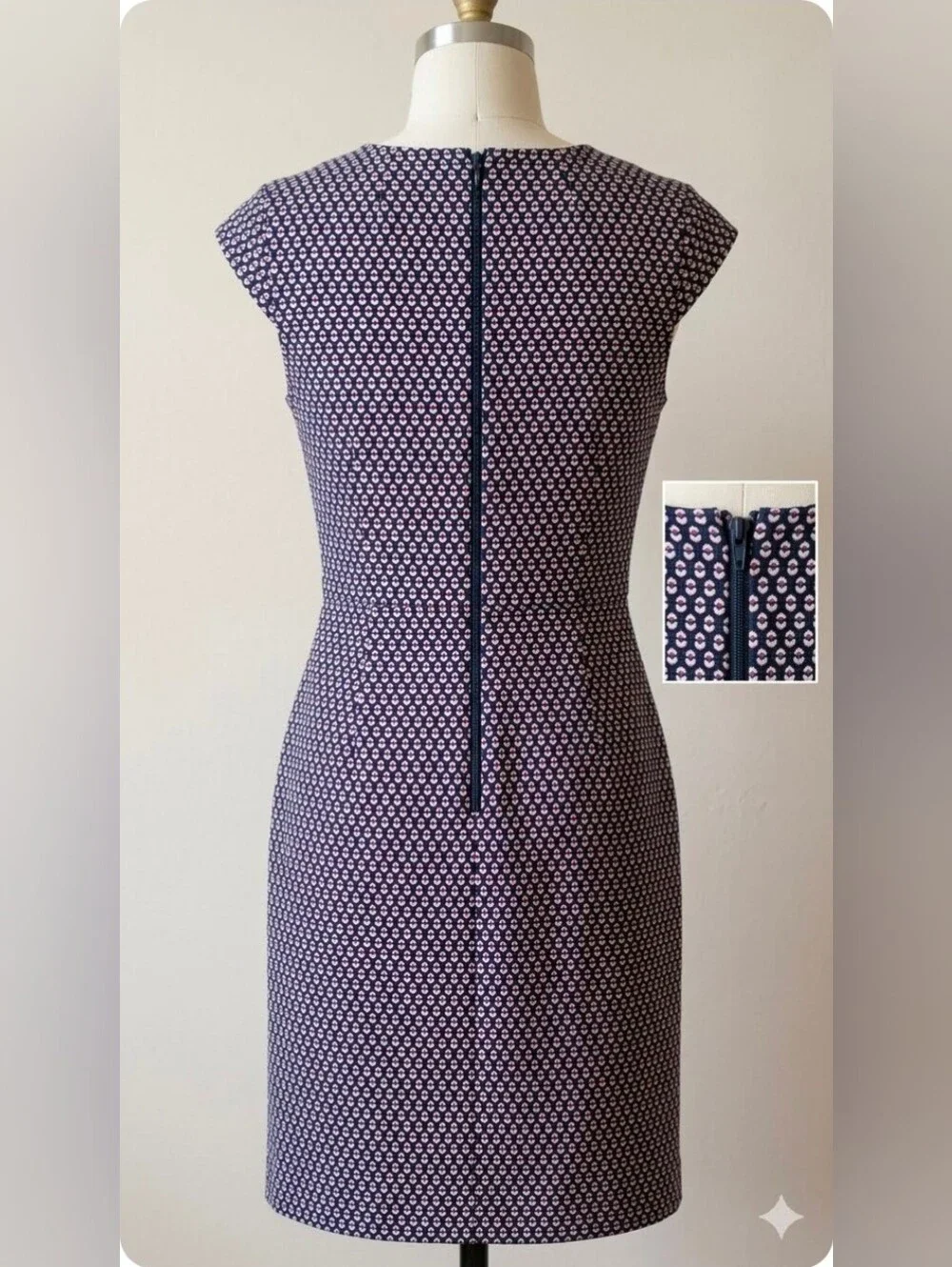 J.Crew Cap Sleeve Matelasse Sheath Dress Navy Red Geometric Dot Lined Size 00